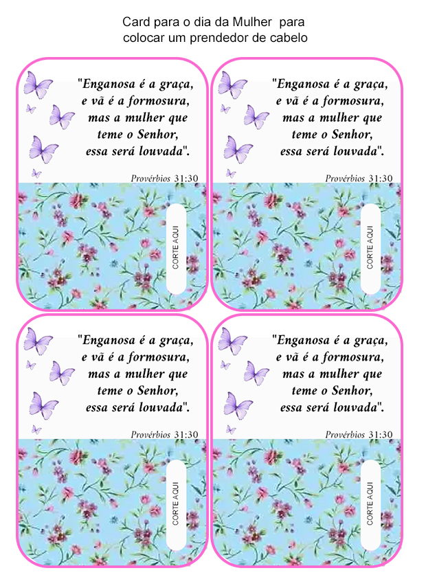 Lembrancinha Card Evangélico Dia da Mulher com presilha de cabelo